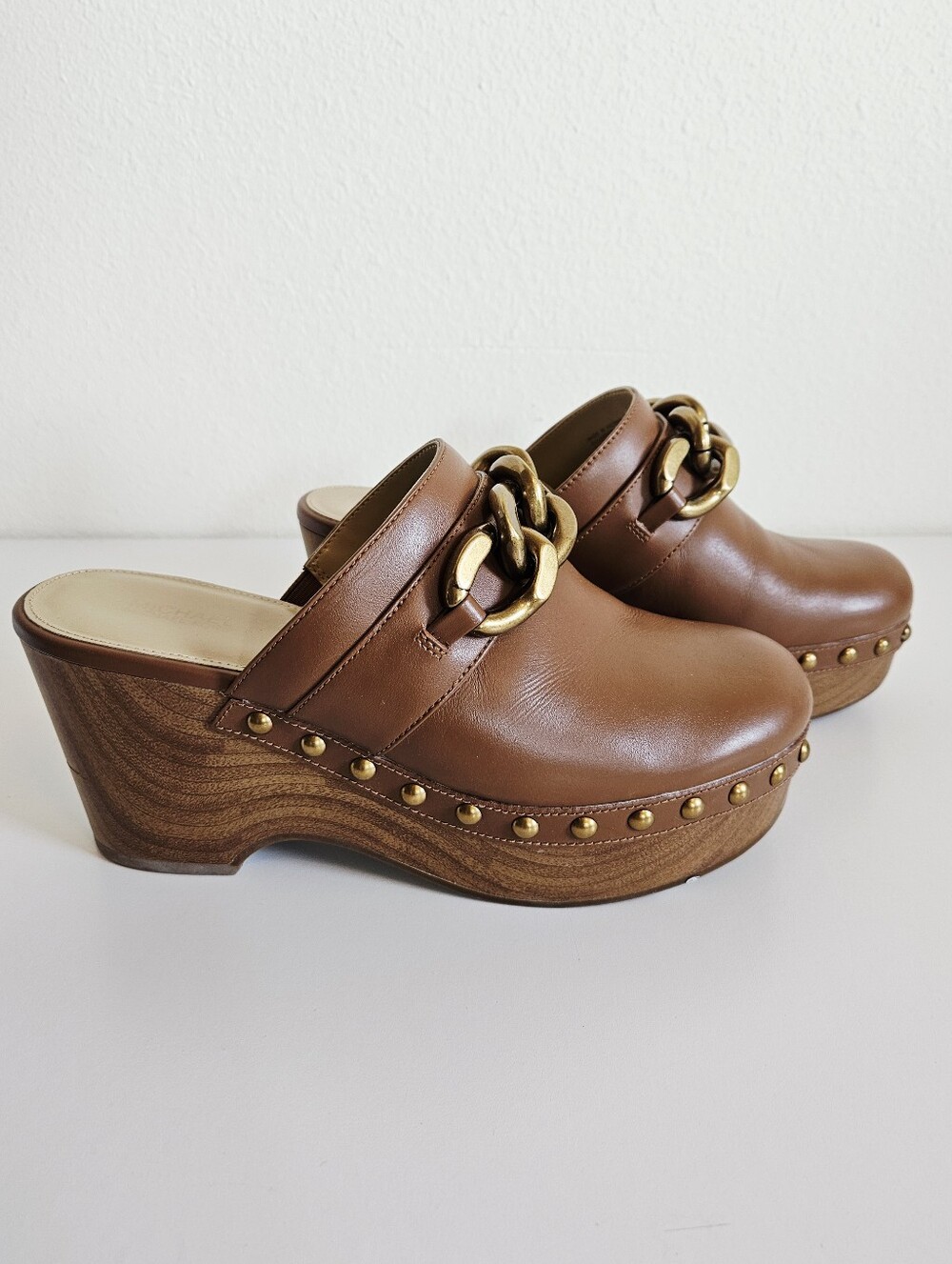 Michael Kors Brown Leather Platform Clog Mules with Gold Chain Accent